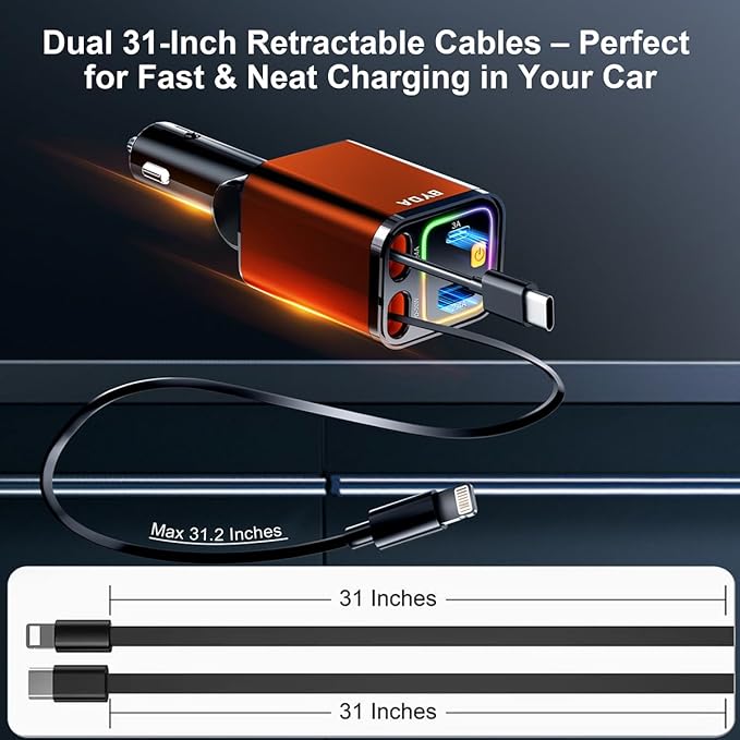 4 in 1 Retractable Car Charger,69W Cigarette Lighter Charger,USB C Fast Car Charger for iPhone 17 Pro Max 16 15 14 13 12 11 (for Apple+Type C &RGB Breathing Light [Orange])
