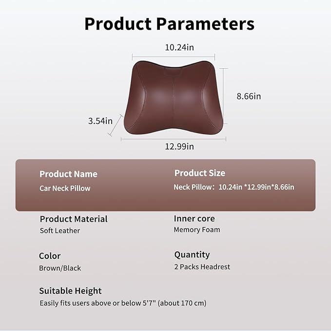 2PCS Leather Memory Foam Car Headrest Pillow Ergonomic Neck Pillow, Universal for Tesla Model Y/3/X/S BMW X3 X5 Lexus TX350 NX350 350h RX350 Volvo XC60 XC90 for Neck Pain Relief(Brown)