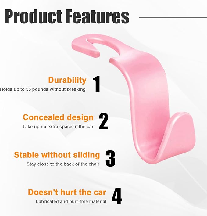 Ziciner 4 PCS Car Seat Headrest Hooks, Backseat Hangers Storage Organizer, Universal Car Accessories for Purse Grocery Bags Coats (Pink)