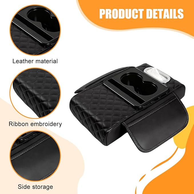 Car Armrest Cushion, 5-in-1 Nappa Leather Vehicle Centre Console Cover with 2 Storage Pockets, Cup Phone & Phone Holder, Multifunctional Auto Organiser Accessories, Universal Fit (Black)