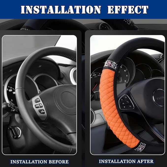 Soft Leather Car Steering Wheel Cover, Universal 15 Inch Colorful Rhinestones Anti-Slip Elastic Steering Wheel Covers for Most Cars, Sparkly Crystal Diamond for Women Girls (Orange)