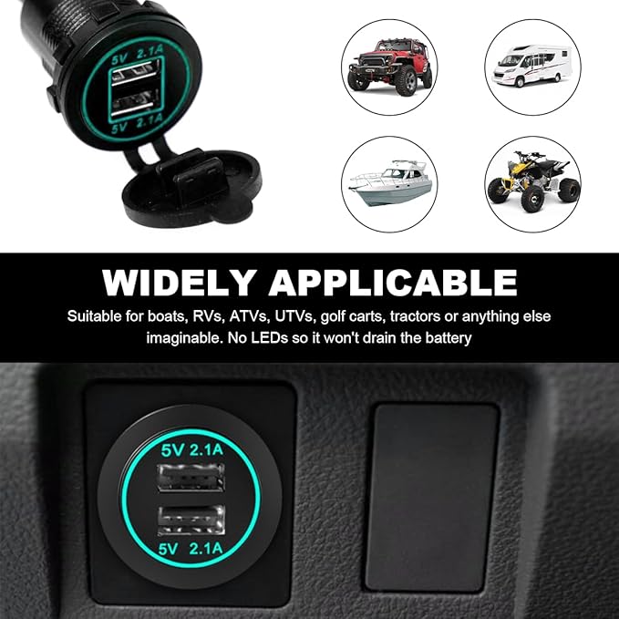 4.2A Dual USB Charger Socket, Waterproof Power Outlet 12V/24V 2.1A & 2.1A Quick Charge Socket, USB Charger Socket with Cap for Car Golf Cart Mobile RV ATV Truck Marine Boat (Green)