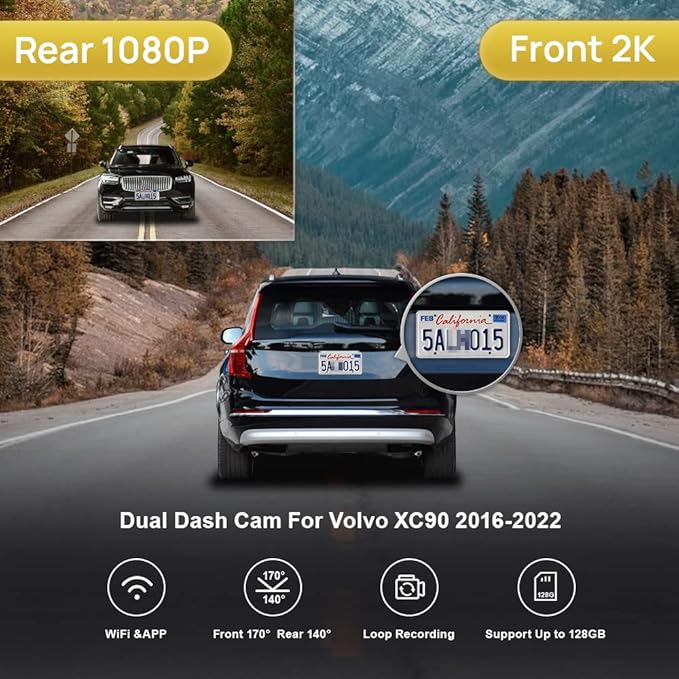 Fitcamx 2K Dual Dash Cam Compatible with Volvo XC90 2016 2017 2018 2019 2020 2021 2022 T5 T6 T8 (Model A), OEM Factory Look, Front 1440P+Rear 1080P Video, Loop Recording, WiFi&APP, G-Sensor, 64GB Card