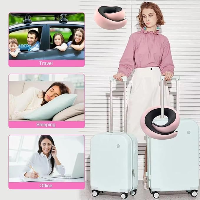 Neck Travel Pillow |100% Pure Memory Foam Neck Pillow Comfortable & Breathable Cover, Machine Washable for Travel, Airplane, Car Rides, & Home Use, Travel Kit with Eye Masks, Earplugs, & Bag (Pink)