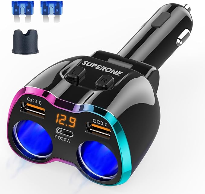 2025 Upgraded Cigarette Lighter Splitter, SUPERONE 180W 2-Socket Cigarette Lighter Adapter with Dual QC3.0 and 20W PD USB C Car Charger Splitter for GPS/Dash Cam/Laptop/iPad/iPhone 17/16/15/14/13/12