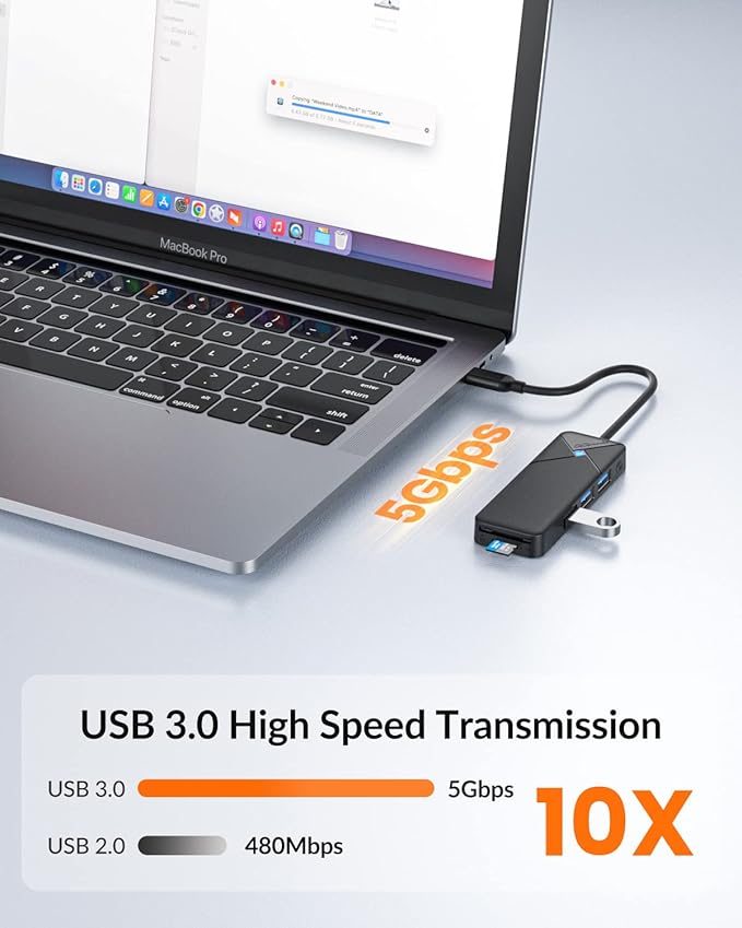GiGimundo USB C Hub for Laptop, 4 Ports USB Hub 3.0 with SD Card Reader, USB C to USB Hub Multiport Adapter 5Gbps Transfer for Laptop, MacBook, iPad, Dell, Chromebook, Keyboard, Mouse, Black