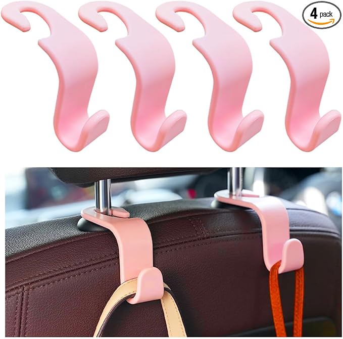 4PCS Car Seat Headrest Hook, Auto Back Seat Hanging Storage Organizer, Vehicle Seatback Hanger Holder for Purse Handbag Coat Umbrella, Universal Interior Car Accessories (Light Pink)