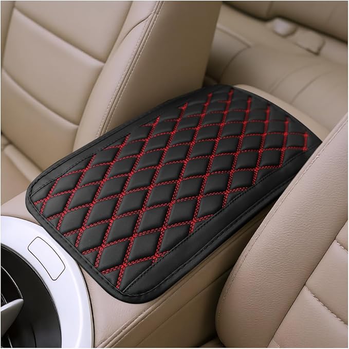 Car Center Console Cover, Scratch-Resistant Leather Vehicle Armrest Seat Storage Box Protector Cushion, Comfortable Automotive Interior Armrest Pad Mat, Universal Fit (Black/Red)