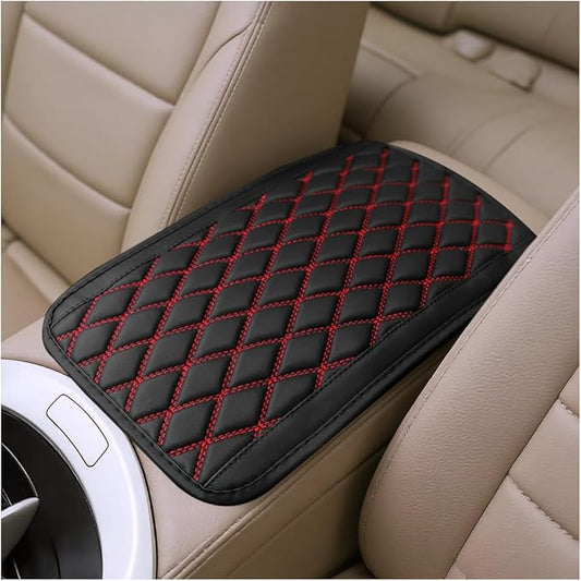 Car Center Console Cover, Scratch-Resistant Leather Vehicle Armrest Seat Storage Box Protector Cushion, Comfortable Automotive Interior Armrest Pad Mat, Universal Fit (Black/Red)