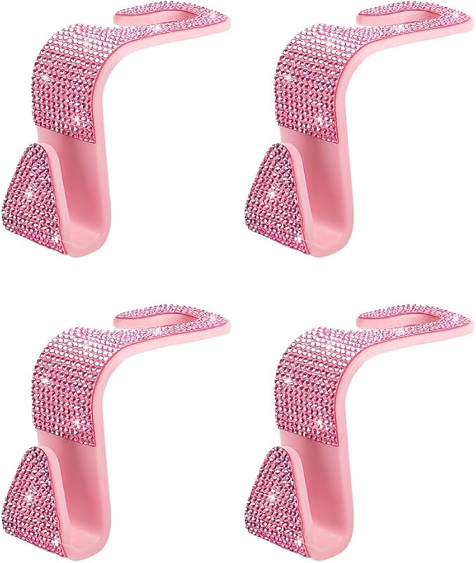 4PCS Bling Car Seat Headrest Hooks, Crystal Rhinestone Vehicle Back Seat Hanger Holder, Auto Interior Headrest Hanging Storage Organizer for Purse Handbag Coat, Universal Fit (Pink)