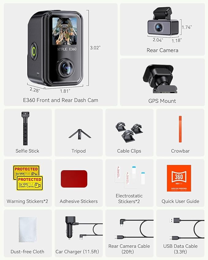 Vantrue E360 ACE All Channel Dash Cam, 585°, STARVIS 2, Front Inside Rear Full Coverage Dashcam with Selfie Stick Tripod, Fisheye, Dual IR Night Vision, Action Camera, Voice Control, GPS, Support 1TB