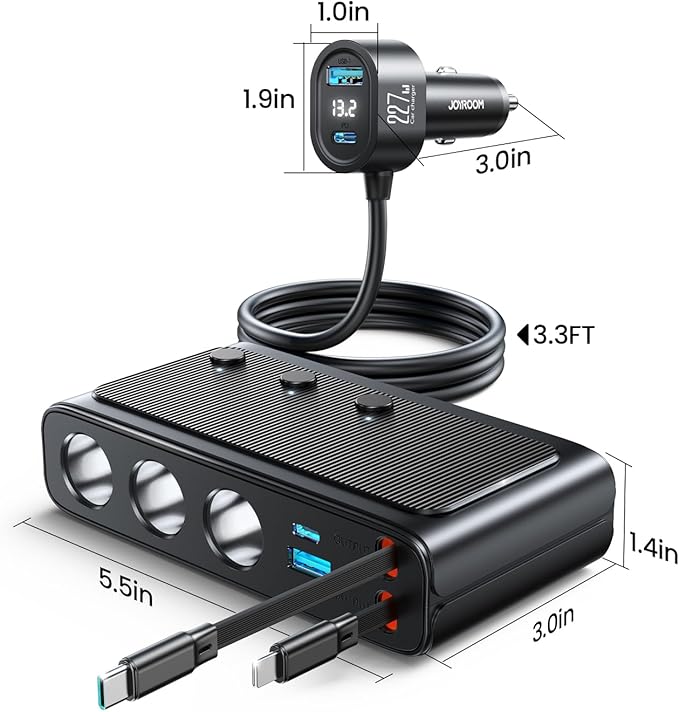 JOYROOM 9 in 1 Cigarette Lighter Splitter, 227W Dual Retractable Car Charger - 45W/24V(36W/12V) USB C Fast Charger for iPhone 17/Samsung, Independent Switches Cigarette Lighter Adapter for Car Devices