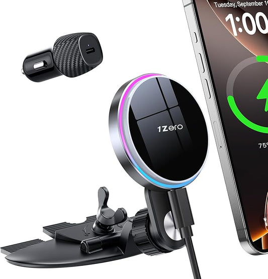 1Zero for MagSafe CD Car Mount Charger, Ultra Magnetic Phone Holder for CD Slot Charging, Fast Wireless Car Charger Mount Fit for iPhone 17 16 15 14 13 12 Pro Max Plus Mini (for Qi Charging)