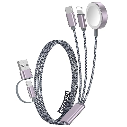 1Pack Multi Charging Cable Cord for Travel Essentials,Apple Watch Charger,iPhone Charger,[3-in-2] Type C/L Cable Portable Designed for iWatch,iPhone 17-8,Galaxy S25-21,AirPods,iPad-4FT Gray