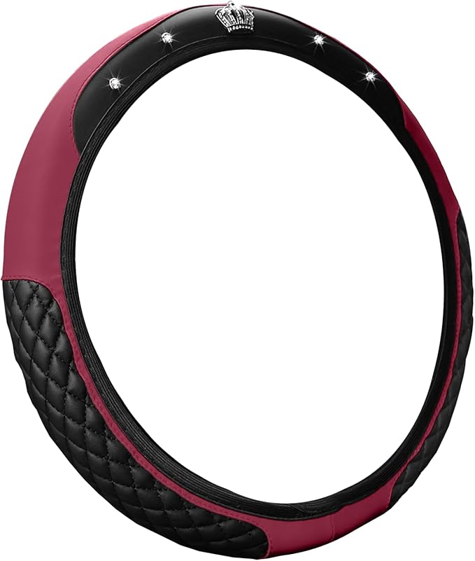 Bling Car Steering Wheel Cover, Diamond Leather Crystal Rhinestones Vehicles Steering Wheel Protector, Sparkling Anti-Slip Automotive Interior Decoration Accessories, Universal Fit (Wine Red)