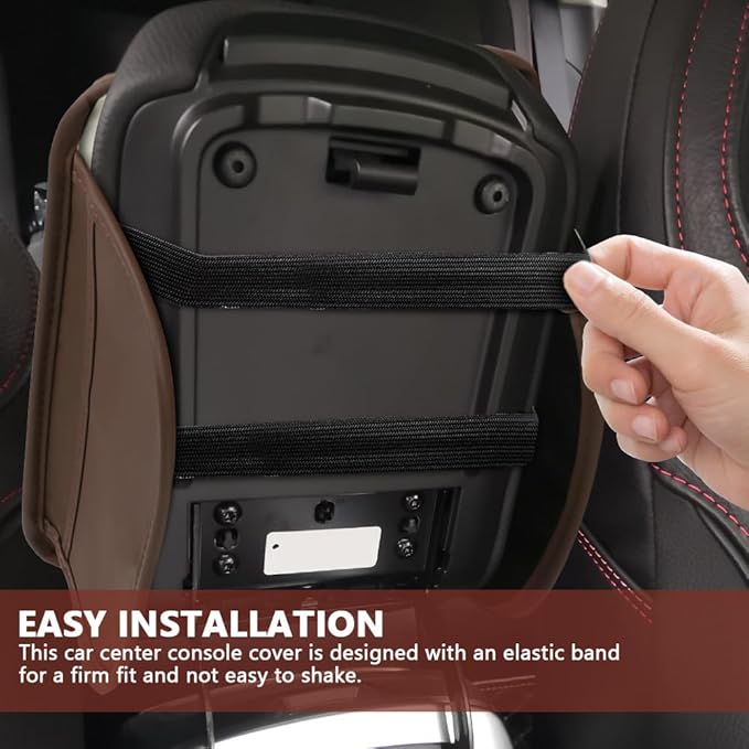 Car Center Console Cover, 12"×7.87" Waterproof Leather Auto Armrest Cover Protector with 2 Pocket, Comfortable Arm Rest Box Cushion Pad, Universal Interior Car Accessories (Coffee)