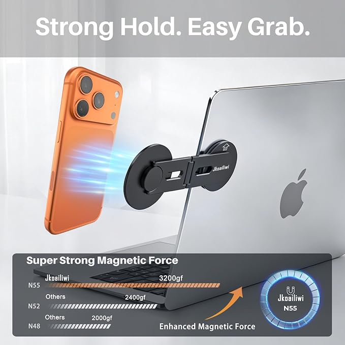 Invisible Adjustable Magnetic Laptop Phone Holder for Dual Screen, Foldable Continuity Camera Mount for Magsafe iPhone 12-7, Aluminum Monitor Side Mount Stand for MacBook, Tesla, iMac