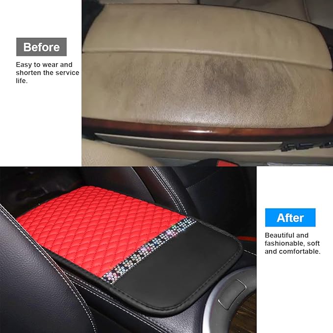 Bling Leather Car Center Console Cover, Car Center Console Protector With Glossy Crystal Rhinestone, Universal Waterproof Car Armrest Seat Box Cover For Most Car, Vehicles, SUVs, Trucks (Red)