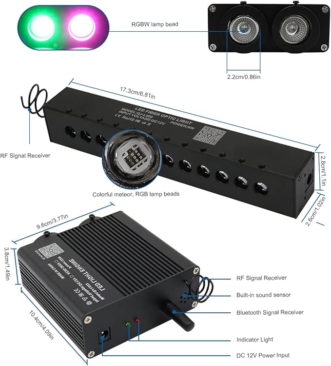 Car Home AKEPO Shooting Star 32W Dual-Head 2 Light Color RGBW Fiber Optic Lights, 920pcs of Mixed 3 Dia. Optical Fibers in 9.8ft+ Small Size Music Activated Fiber Optic Star Ceiling Sky Light Kit