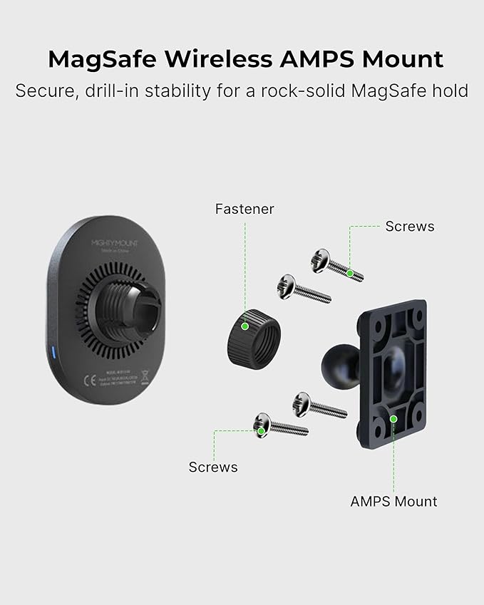 Car Cell Phone Holder with AMPS Mounting Plate - Wireless Magnetic Car Mount Charger - Stand Compatible with iPhone 14/15/16/17/Samsung, Fast Charging (Drill Base AMPS Plate)