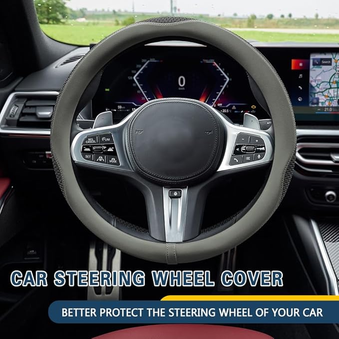 Car Steering Wheel Cover, Steering Wheel Accessories, Universal 15 Inch Microfiber Breathable LCE Silk, Car Accessories Breathable Anti-Slip Protector Universal for SUV Sedan Truck (Gray)