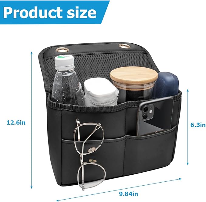 Car Seat Back Organizer, Multipurpose Leather Vehicle Backseat Hanging Bag Holder with Pockets, Large Capacity Automotive Interior Storage Box Accessories, Universal Fit (Black)