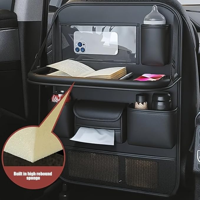 Car Backseat Organizer with Foldable Table Tray - Universal Auto Seat Back Organizer with Tablet Holder, Kick Mats Protector, Storage Pockets for SUV Sedan