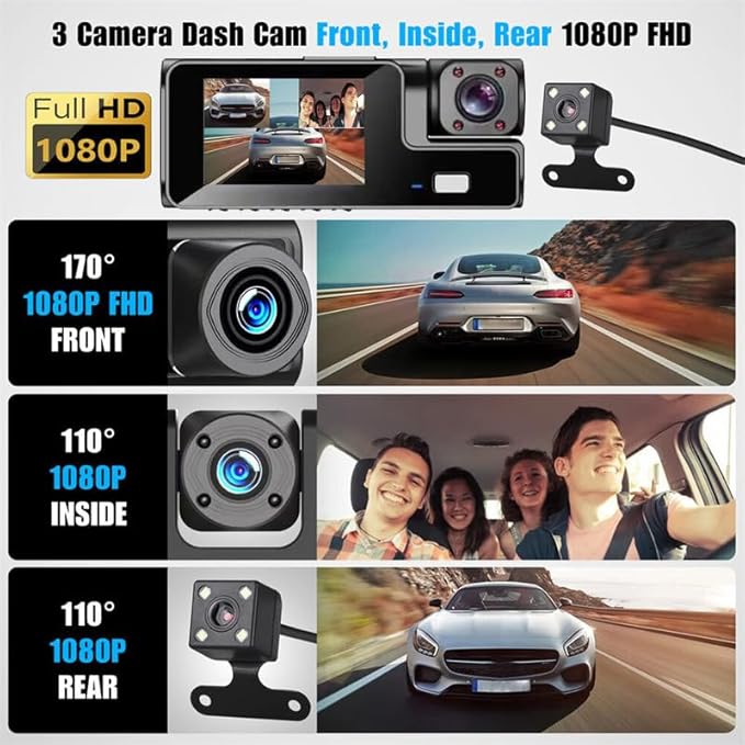 1080P 3 Channel Dash Camera for Car Front and Rear Inside Dashcam Car Video Recorder,170°Wide Angle Vehicle Cam,WDR,G-Sensor,2’’ IPS Screen,Loop Recording,Night Vision(3Channel Dash Cam With 32G Card)