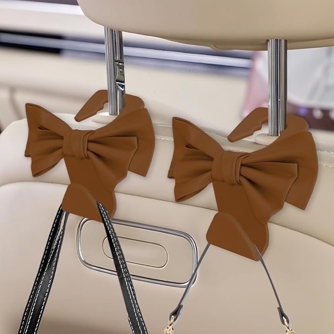 2PCS Car Purse Hooks, Car Hooks for Purses and Bags Cute, Cute Bow Shaped Vehicle Backseat Storage Hanger, Auto Leather Bow Back Seat Storage Hanging Holder Universal for Women Girls (Brown)