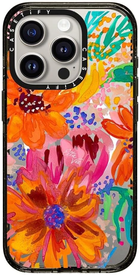 CASETiFY Impact Case for iPhone 15 Pro [4X Military Grade Drop Tested / 8.2ft Drop Protection/Compatible with Magsafe] - EttaVee Watercolor Fleurs - Clear Black