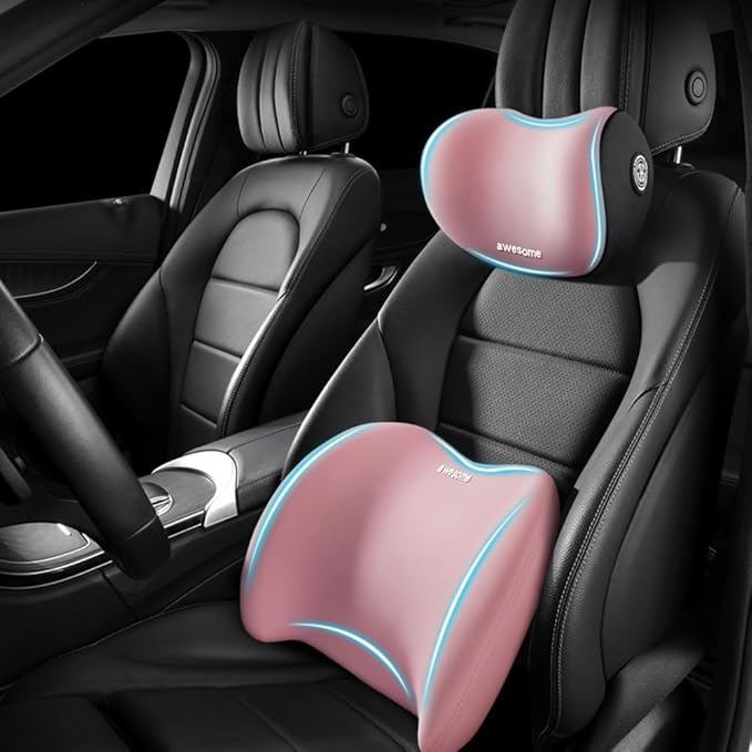 Car Headrest & Lumbar Support Cushion Kit, Ergonomic Car Seat Neck Pillow and Backseat Cushion for Driving Fatigue Relief, Driving Seat Memory Foam Neck Back Rest Pillows (Pink)