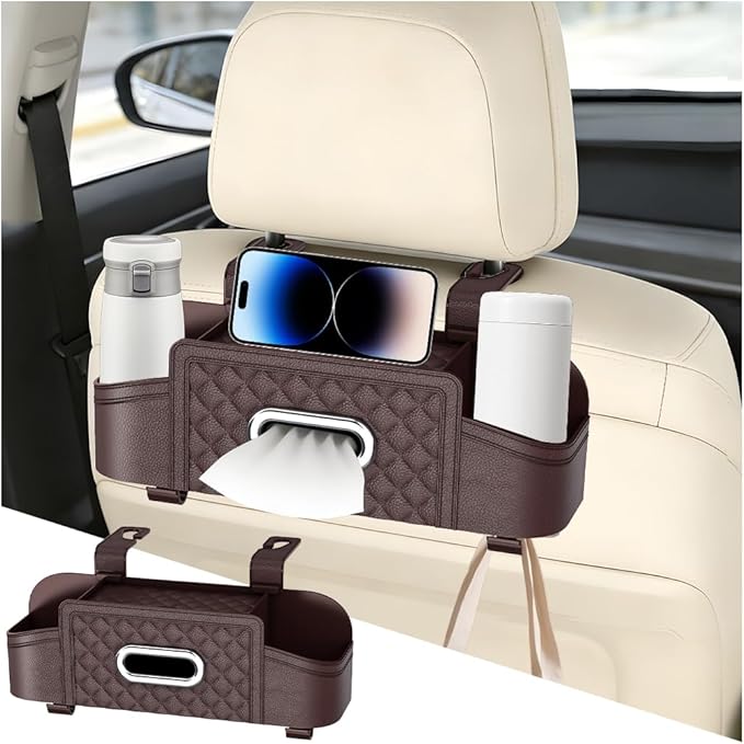 Car Backseat Organizer, 4-in-1 Multifunctional Vehicle Seat Back Tissue Box with Cup Holder & Hook, Automotive Backseat Hanging Storage Box for Bag Phone Drink, Universal for Vehicles (Brown)