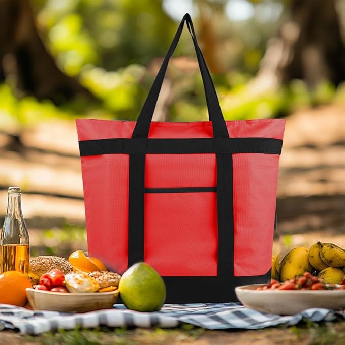 mosago Insulated Grocery Tote Bags, Large Reusable Cooler Bags with Zipper, Leakproof Thermal Shopping Bags for Food Delivery, Beach, Travel, Uber Eats & Picnic, Collapsible Personalized, Red