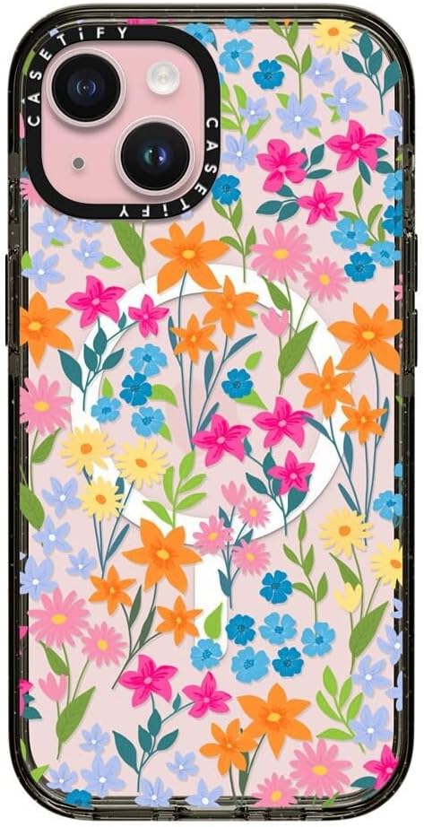 CASETiFY Impact Case for iPhone 15 [4X Military Grade Drop Tested / 8.2ft Drop Protection/Compatible with Magsafe] - Flower Prints - Bright Spring Flowers - Clear Black