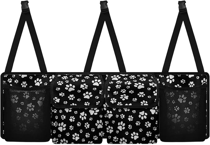 Black White Dog Paw Hanging Trunk Organizer, Foldable Car Trunk Organizer Back Seat with 4 Large Pockets, Hanging Trunk Organizer Universal for Vehicles