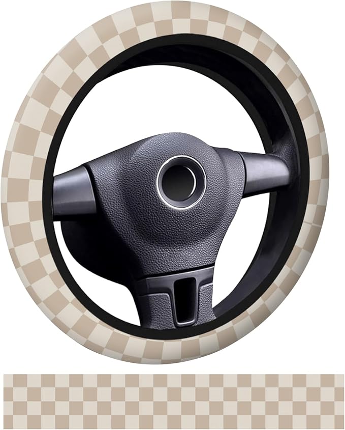 Car Steering Wheel Cover, Universal 15 Inch Neoprene Non-Slip Steering Wheel Covers, Funny Car Accessories for Women Men Fit Auto, Suvs, Truck Cute Beige Checkerboard