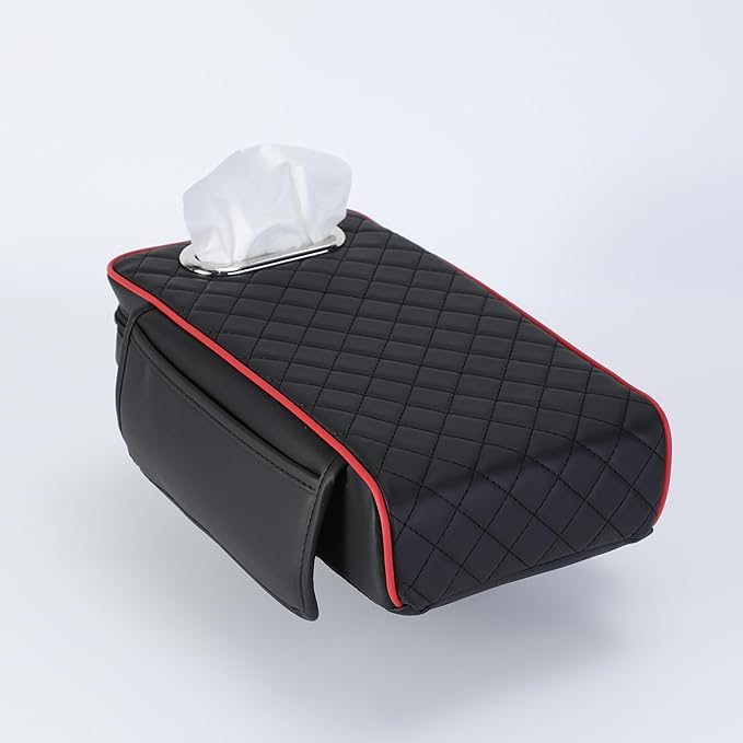 Upgraded Multi-Functional Car Center Console Cover, PU Leather Armrest Pad Cushion with Memory Foam Cushion, 2 Storage Pockets, Tissue Box Hole for Sedan Vehicles, 7 Colors (Black-Red Line)