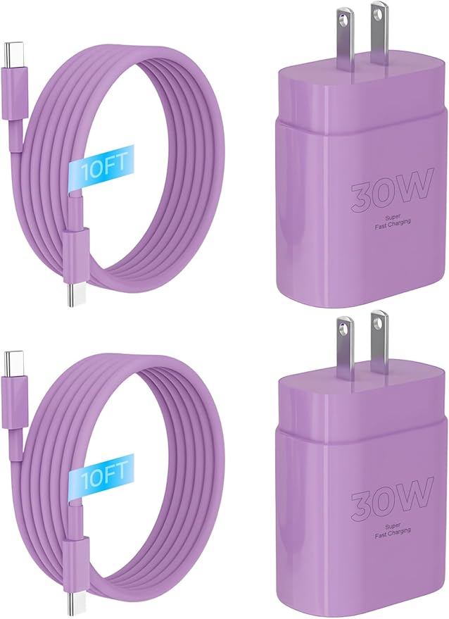 iPhone 17 16 15 Charger Fast Charging 10FT Cable, 30W USB C Charger Block for i Phone 15 16 16e 17 Air Plus Pro Max/iPad Pro/AirPods, PD USBC Power Adapter Wall Plug & Type C to C Cord (Purple, 10FT)
