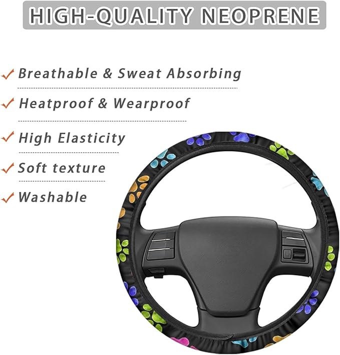 AFPANQZ Puppy Paw Prints Car Steering Wheel Covers Sweat Absorption Comfortable Grip Universal 14-15 inch Stretch-on Fabric Keep Warm Steering Wheel Protector for Women Gift Black Colored