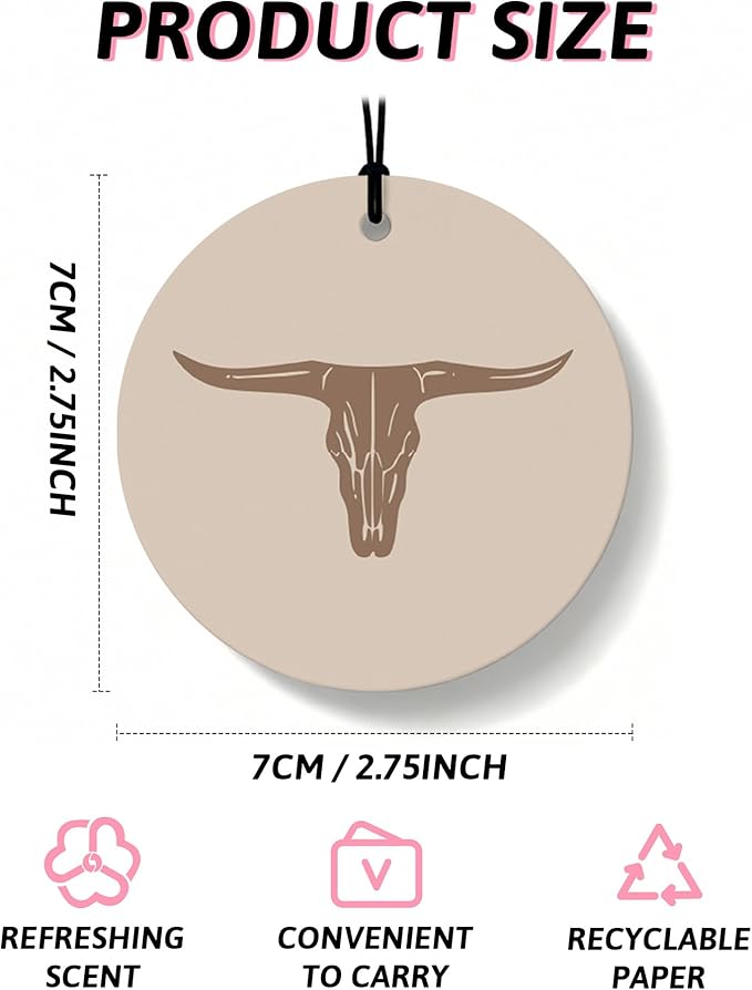 Boho Beige Western Round Car Air Freshener 4 Pcs, Preppy Cow Skull Cactus Cowgirls Boots Hanging Air Freshener for Cars Closet Drawer Books, Western Car Accessories Mirror Decor for Women