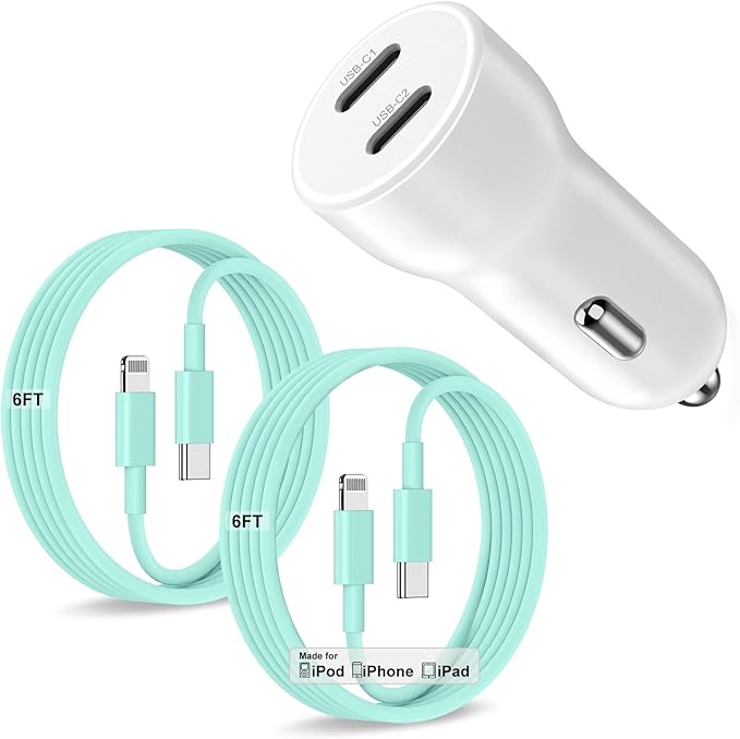 iPhone 14 13 Car Charger, Certified 45W Dual Port USB C Rapid Apple Car Adapter with 6ft Type C to Lightning Cable Fast Charging for iPhone 14 Pro/14 Pro Max/14 Plus/13/12/11/X/XS/SE,iPad-Green
