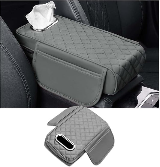Car Center Console Armrest Pad for Lincoln, Leather Cover with Storage Pocket & Tissue Box Holder, Memory Foam Cushion for Aviator Standard SUV 2020-2025,Grey