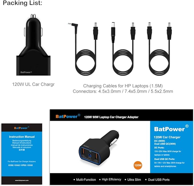 BatPower 120W DC CAR Charger for HP Laptop Car Charger Vehicle Charger DC 12v-24v Auto Adapter