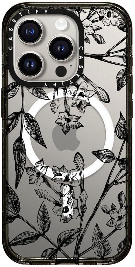 CASETiFY Impact Case for iPhone 15 Pro [8.2ft 4X Military Grade Drop Protection/Compatible with Magsafe] - Botanical Jasmine - Clear Black