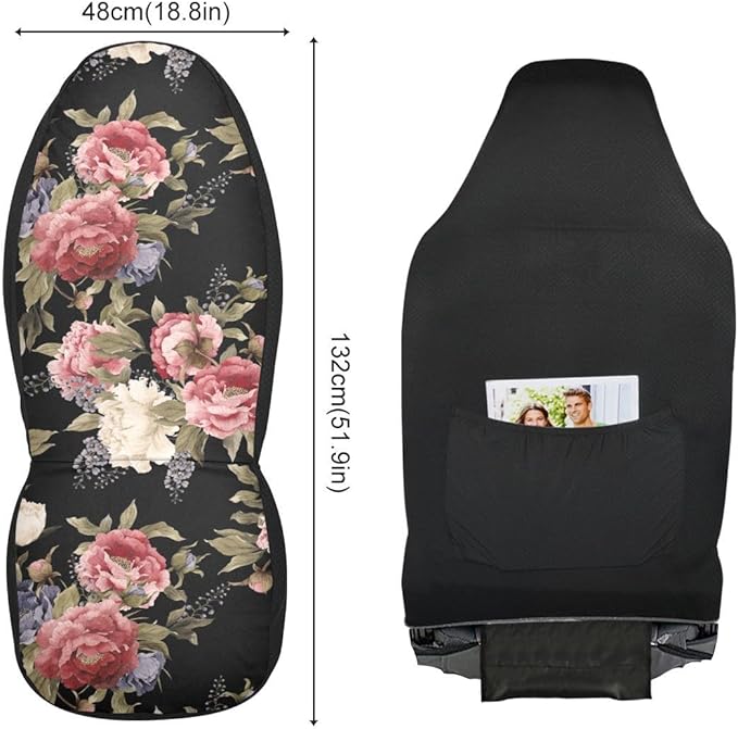 Dark Vintage Floral Flowers Print Car Seat Covers Set of 2,Seamless Floral Pattern with Peonies Watercolor Universal Auto Front Seat Protector for Women Cute Car Accessories Fit for Car Truck