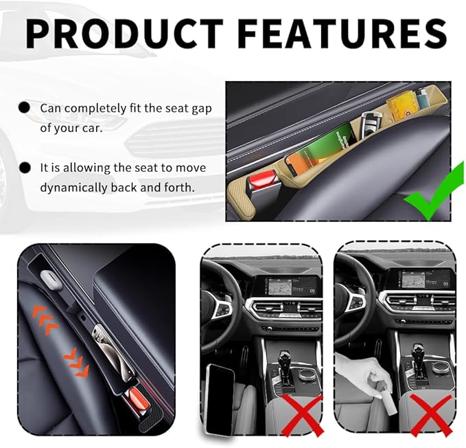 Stacool 2PCS New Car Seat Gap Filler with 2 Storage Areas,Stylish Car Seat Gap Storage for Stabilizing Phone,Keys Wallet,Universal Car Seat Gap Filler Organizer (Carbon Beige)