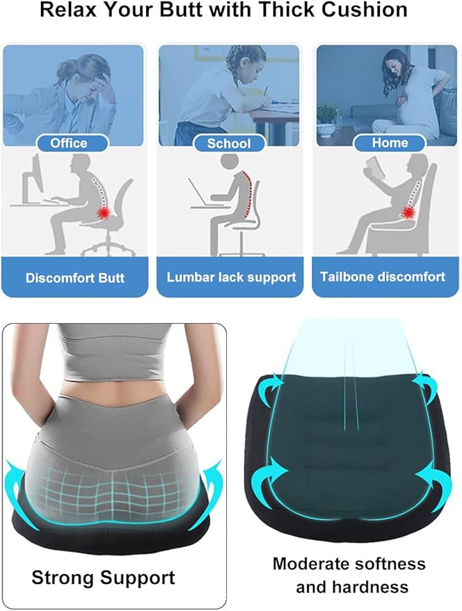 Adult Booster Seat Cushion for Car Height Increase Thick Pad for Office Chair Rocking Chair Floor Pillow Back Pain Coccyx Pain Relief, Carry Handle (Black)