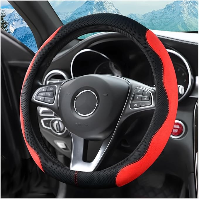 zipelo 14.5"-15" Car Steering Wheel Cover, Auto Interior Wheel Protector with Durable Soft Breathable Anti-Slip Linging Leather, Universal for Vehicles Trucks SUVs Accessories for Men Women (Red)