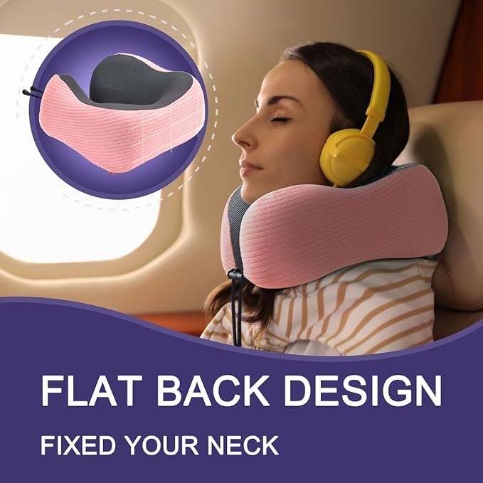 napfun Neck Pillow for Traveling, Upgraded Travel Neck Pillow for Airplane 100% Pure Memory Foam Travel Pillow for Flight Headrest Sleep, Portable Plane Accessories, Pink Striped Kit