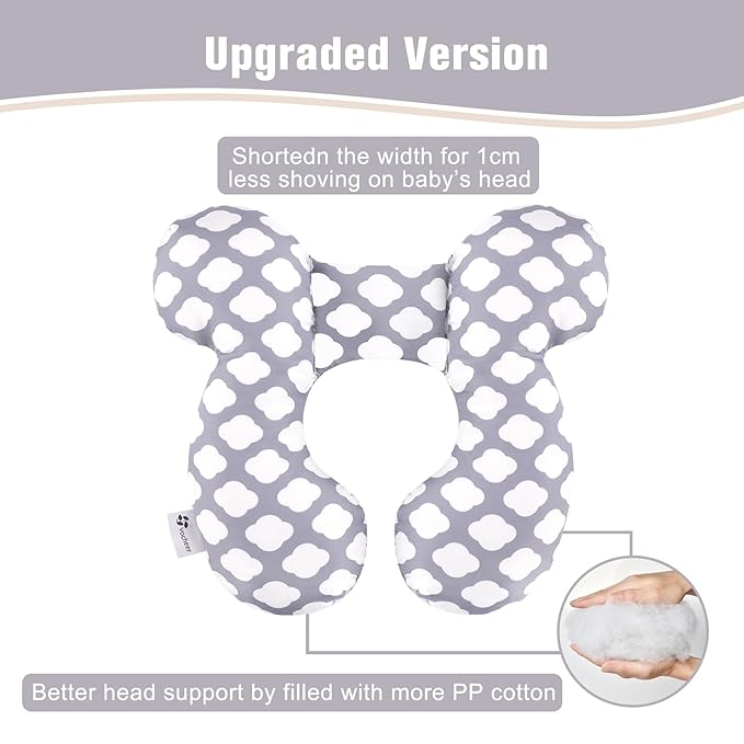 vocheer Baby Travel Pillow(Upgraded), Head and Neck Support Pillow for Pushchair, Car Seat,Stroller, Bouncer, Cotton（White Cloud）